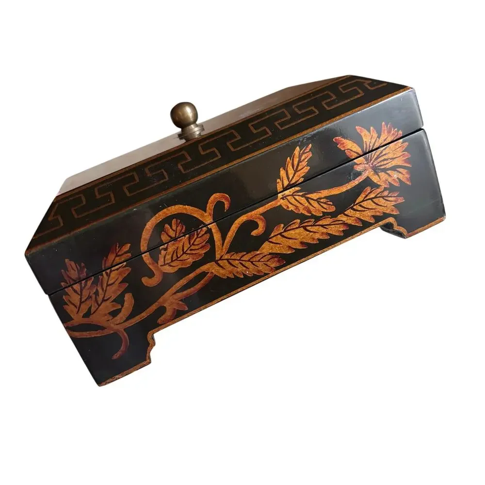 Ornate wooden jewelry box lift ff lid velvet tray black brown gold lacquer